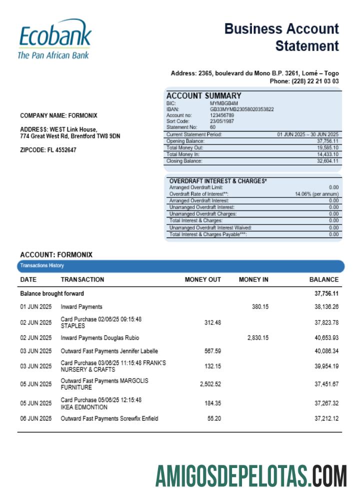 Extrato de conta da organização do banco empresarial da África Central Ecobank em formato Word e PDF